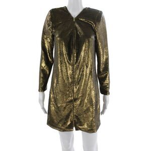 Nonchalant Label Women Shift Dress Gold V-Neck Long Sleeve Above Knee Size M